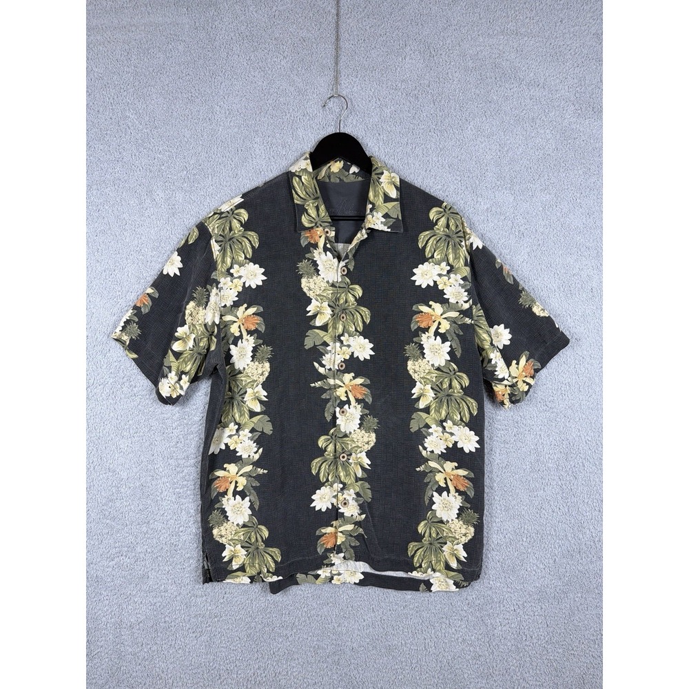 Tommy Bahama 100% Silk Camp Shirt Size L Olive Color Bold‎ Flower Design EUC